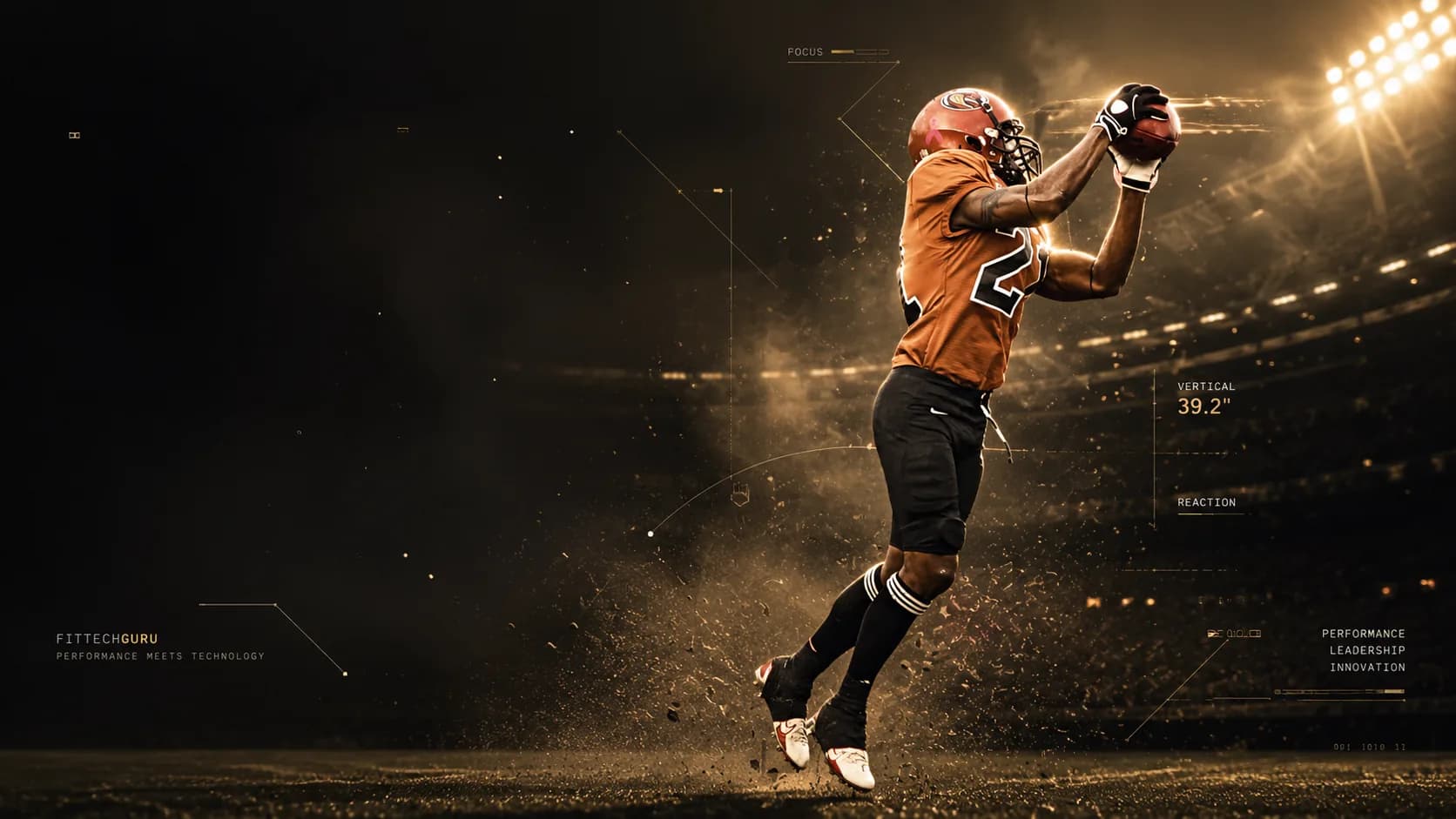 A FitTechGuru athlete rising for the catch under stadium lights, performance data traced in gold.